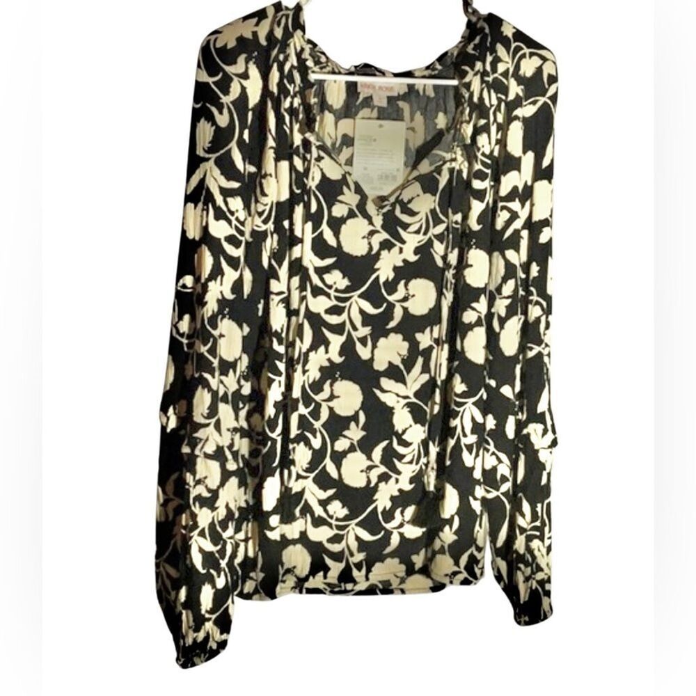 Knox Rose Womens Blouse Black and Off White Size Medium With Tassels NWT
